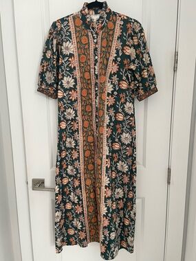 Anna Cate Green Floral Blockprint Midi Shirt Dress Vacation Cotton.    G48